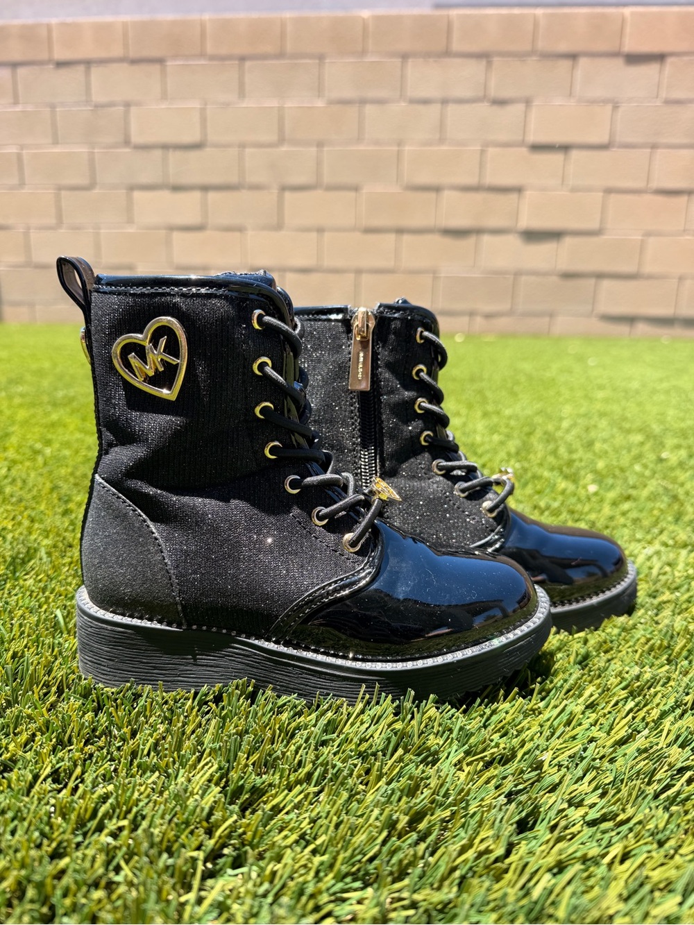 Michael Kors Black Patent & Glitter Heart Lace-Up Kids Boots